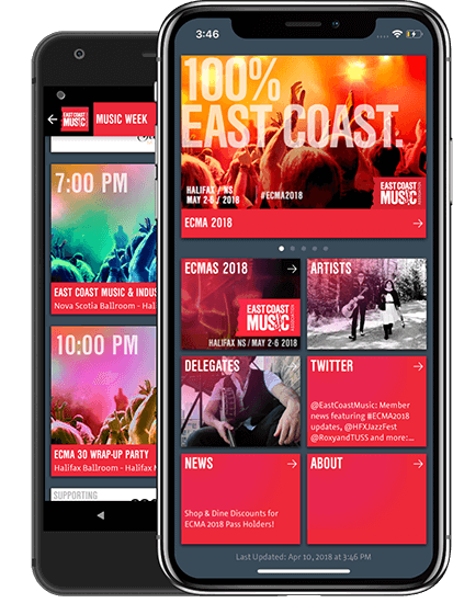 The East Coast Music Association app running on Android and iOS